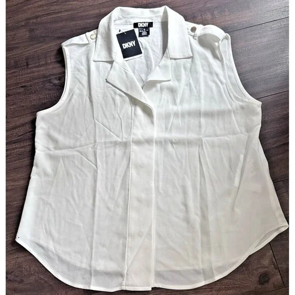 DKNY Women's Extended-Shoulder Camp Buttoned epaulets Blouse Top Ivory PXL - Picture 6 of 8